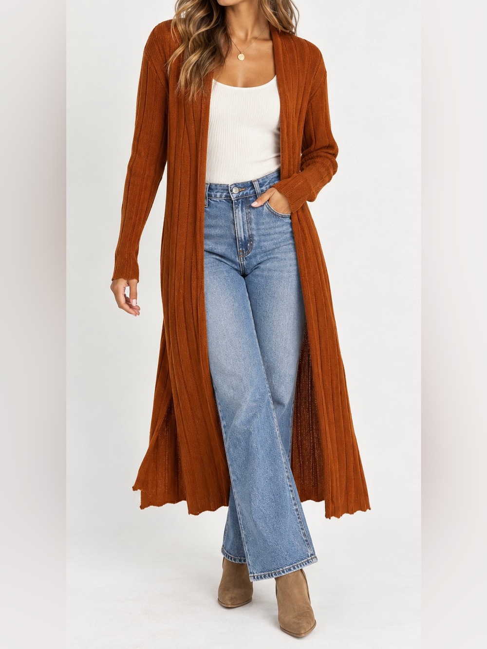Free People Rust Ribbed Open-Front Cotton & Linen Cardigan Duster - Size XS